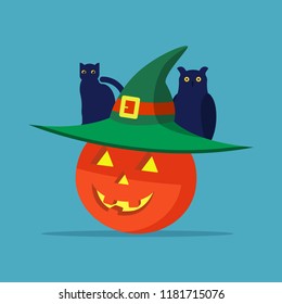 Vector illustration of a Halloween pumpkin with a hat, cat and owl sitting at the top. Flat style.