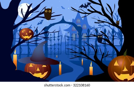 Vector illustration. Halloween. Pumpkin hat against the backdrop of bare trees, gates and old house.