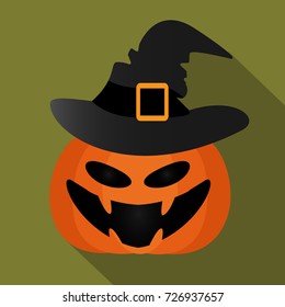 Vector illustration of halloween pumpkin have a witch hat on green background. Scary Jack-o-lantern facial expressions Illustration. Simple flat style design elements.