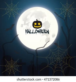 vector illustration of Halloween with a pumpkin head, the moon, bats and the grim silhouettes