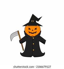 Vector illustration of a Halloween pumpkin holding a sickle 