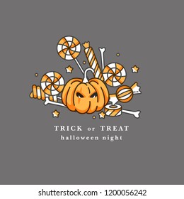 Vector illustration halloween pumpkin with horror face and with lot of candy on white background.