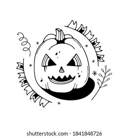 Vector illustration with halloween pumpkin. Isolated on white background. Cute doodle illustration.