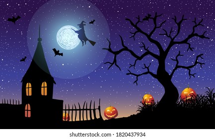 Vector illustration of halloween. Pumpkin Jack on background of the old house, cemetery and full moon.