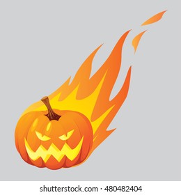 Vector illustration of halloween pumpkin Jack o Lantern burned in fire