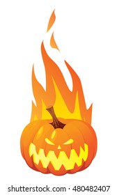 Vector illustration of halloween pumpkin Jack o Lantern burned in fire