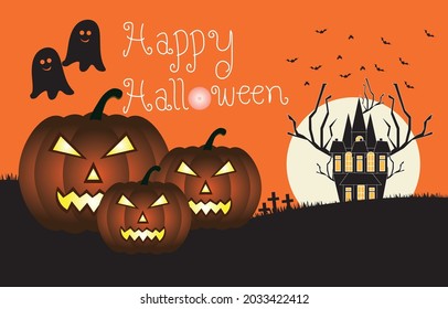 Vector illustration. Halloween pumpkin lantern in the moonlight ,cute ghosts and Celebration fun party night.