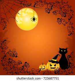 Vector and illustration of Halloween pumpkin lantern wearing witch's hat, black cat or ghost cat, spider and yellow full moon with dark and Gothic style flower frame on yellow and orange background