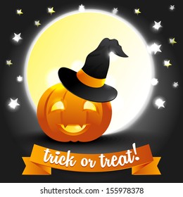 Vector illustration of halloween pumpkin in magic hat at night