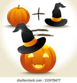 Vector illustration of halloween pumpkin and magic hat