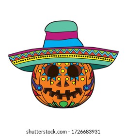 Vector illustration of a Halloween pumpkin Mexican sugar skull character