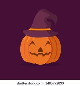 vector illustration Halloween pumpkin on dark background with hat 