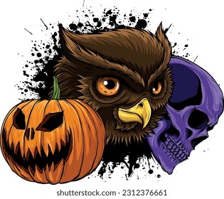 vector illustration of halloween pumpkin with owl head and human skull