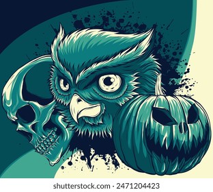 vector illustration of halloween pumpkin with owl head and human skull