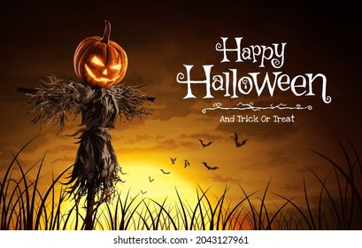 Vector illustration of Halloween pumpkin scarecrow on a wide field with the moon on a scary night.