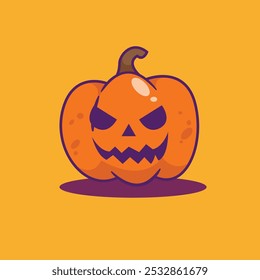 Vector illustration of a Halloween pumpkin with a scary but cute facial expression, perfect for Halloween themed decorations, posters and invitations.