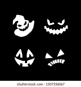 Vector illustration. Halloween Pumpkin. Set of faces for pumpkins.   And the silhouette of a hat with an evil smile.  On a black background.