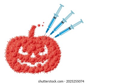 Vector illustration of halloween pumpkin shape made of red Covid-19 symbols,three syringes with blue liquid stuck in it, autumn, thanksgiving, Coronavirus prevention halloween concept. Design of art.