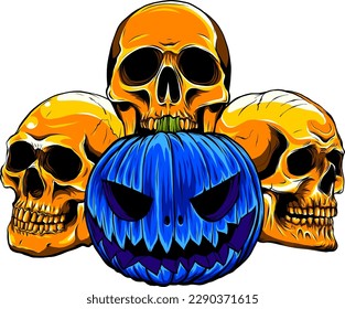 vector illustration of halloween pumpkin with skulls on white background. digital draw