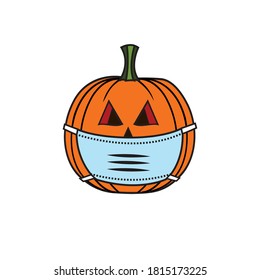 Vector illustration of a Halloween pumpkin wearing a face mask