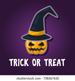 Vector illustration of halloween pumpkin in witch hat. Card, banner, invitation template in cartoon style