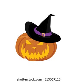 Vector illustration halloween pumpkin with witches hat. Jack O Lantern