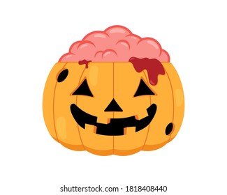 Vector Illustration, Halloween pumpkin zombie open brain, scary halloween smile pumpkin with open brain