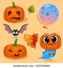 Vector illustration of Halloween pumpkins with bat, leafs and moon