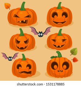 Vector illustration of Halloween pumpkins with bats and leafs