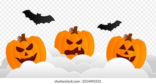 Vector illustration of Halloween pumpkins with bats in clouds on transparent background