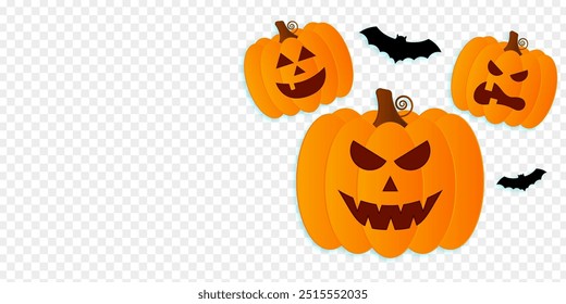 Vector illustration of Halloween pumpkins with bats on transparent background