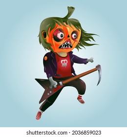 Vector Illustration Halloween Pumpkins Cartoon Playing Guitar
