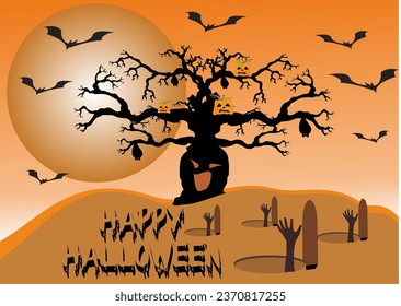 Ilustración vectorial de las calabazas de Halloween, oscuros árboles vivos negros, muchos murciélagos y no muertos saliendo de la tumba en un fondo de luna naranja