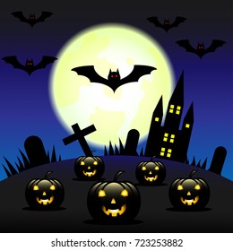 Vector illustration Halloween pumpkins and dark castle on Moon background