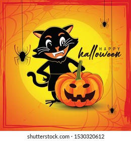 Vector illustration of Halloween pumpkins, funny faces on black background.