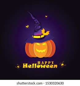 Vector illustration of Halloween pumpkins, funny faces on black background.