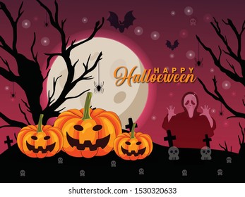 Vector illustration of Halloween pumpkins, funny faces on black background.