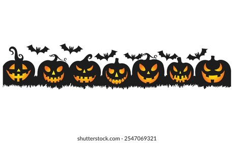 Ilustração vetorial de abóboras de Halloween com rostos brilhantes e morcegos em um fundo branco