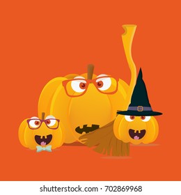Vector illustration: halloween pumpkins mascots. Pumpkin or squash family faces with witch broom and wizard hat. Great for Halloween, known as Allhalloween, All Hallows' Evening or All Saints' Eve.