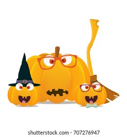 Vector illustration: halloween pumpkins mascots. Pumpkin or squash family faces with witch broom and wizard hat. Great for Halloween, known as Allhalloween, All Hallows' Evening or All Saints' Eve.