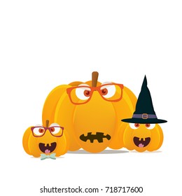 Vector illustration: Halloween pumpkins mascots isolated. Funny hipster halloween pumpkin or squash characters faces.