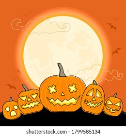 Vector Illustration of Halloween pumpkins with moonlight background. Bats and clouds. Can be used for holiday design, cards, invitations, banners.