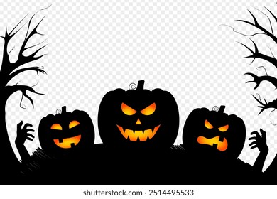 Vector illustration of Halloween pumpkins and trees border on transparent background