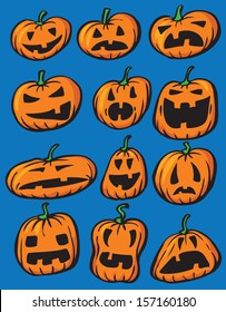 Vector illustration of halloween pumpkins in various emotions. Easy-edit layered vector EPS10 file scalable to any size without quality loss. High resolution raster JPG file is included. 