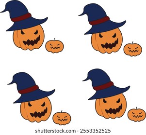 Vector illustration of Halloween pumpkins wearing witch hats, featuring spooky carved faces and a smaller pumpkin. Perfect for festive designs, holiday decor, or seasonal projects