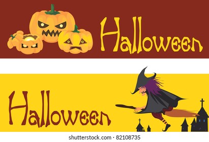 Vector illustration Halloween pumpkins and witch on night