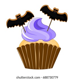 Vector illustration of a Halloween purple cupcake isolated white background. Happy Halloween scary sweets. Sweet bat.