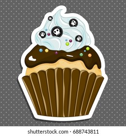 Vector illustration of a Halloween purple cupcake sticker. Happy Halloween scary sweets. Sweet candy.