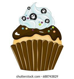 Vector illustration of a Halloween purple cupcake isolated white background. Happy Halloween scary sweets. Sweet candy.