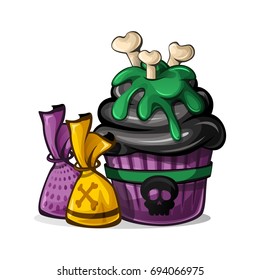 Vector illustration of halloween purple cupcake and colorful candies on white background. Happy halloween scary sweets 1.2